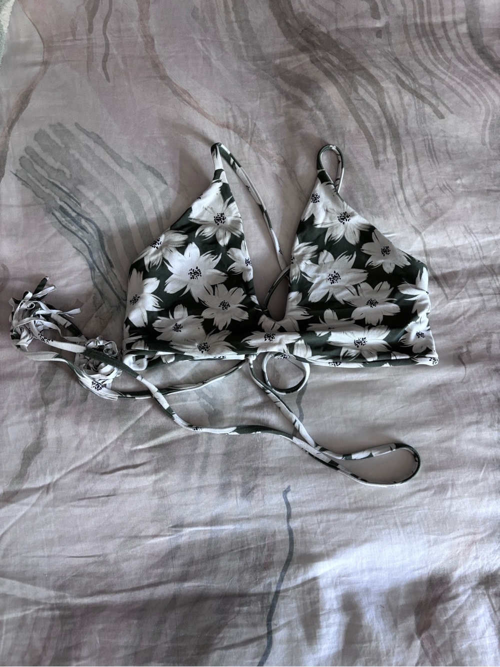 Midori Black and White Floral Triangle Bikini Top
